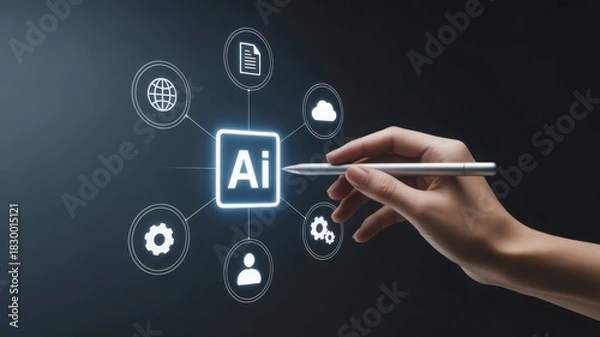 Obraz The hand-held pen interacting with artificial intelligence concepts, surrounded by interconnected icons representing various digital elements.