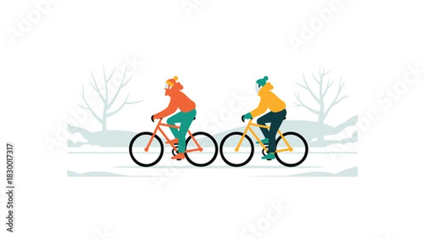 Obraz Two people in warm winter clothing riding bicycles side by side through a snowy tree lined landscape