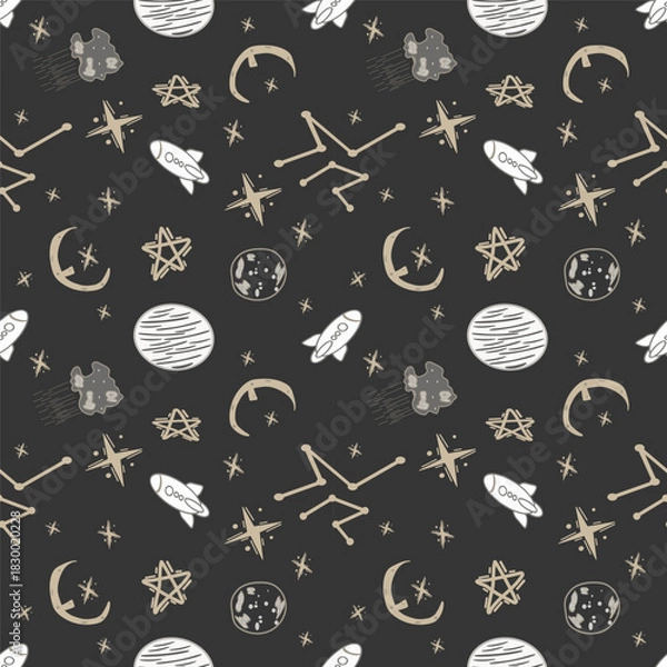 Fototapeta Seamless pattern space stars and planet on dark background.  For printing on children's products.