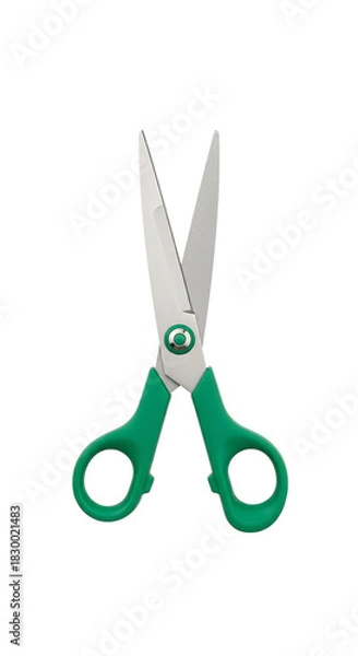 Fototapeta Open scissors with green handles on black background