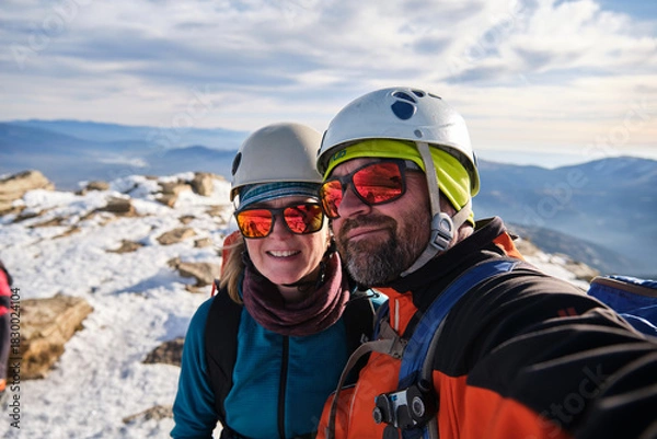 Obraz Couple of mountaineers taking a selfie at the summit after climbing.