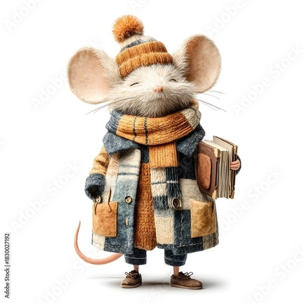 Fototapeta Mouse is wearing a scarf and holding a book. Concept of warmth and comfort, as the mouse is dressed for the cold weather and holding a book, which could be a source of entertainment or education
