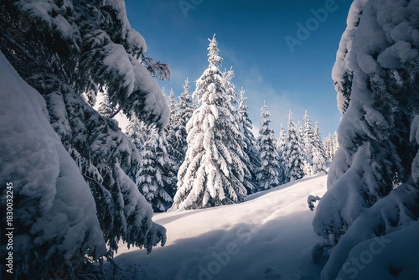 Fototapeta Fluffy snow covers the cozy forest, and the frozen fir trees sparkle on the frosty morning, creating a fabulous atmosphere. New Year holidays greeting card.
