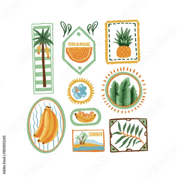 Fototapeta Tropic fruits vector isolated badges with banana orange pineapple palm leaf summer illustrations