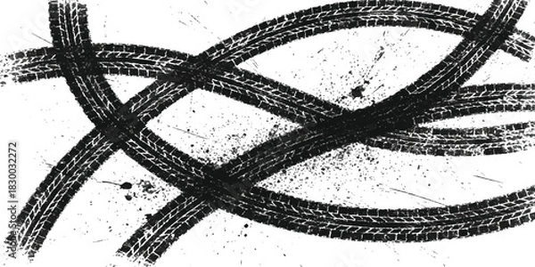 Fototapeta Grungy black tire marks crossing with dirt splatters on white isolated on white background