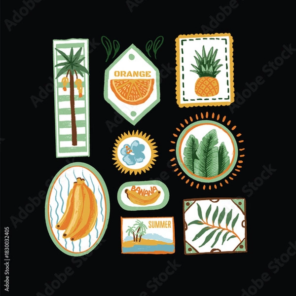 Fototapeta Tropic fruits vector isolated badges with banana orange pineapple palm leaf summer illustrations