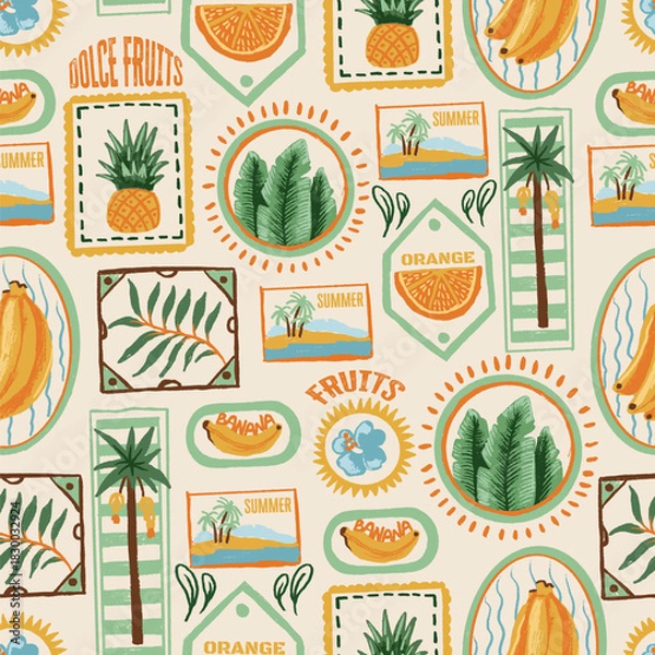Fototapeta Seamless tropic fruits vector pattern with summer labels, palm trees and decorative frames