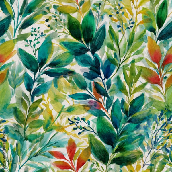 Fototapeta Vibrant botanical seamless pattern featuring lush Teal Green foliage and delicate details in Lime Green, with splashes of Golden Yellow, perfect for digital design and Adobe Photoshop projects requiri