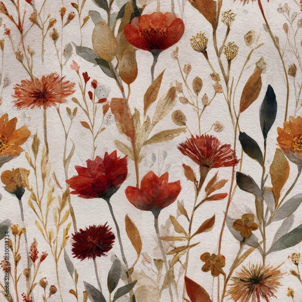 Fototapeta A beautiful seamless floral pattern, hand-painted in delicate Rust Red, Burnt Orange, and Earthy Brown watercolors, offering versatile background options for adobe photoshop projects and digital desig