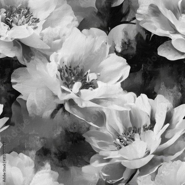 Fototapeta Monochromatic floral artwork with elegant White petals and deep Onyx Black shadows, digitally enhanced using Charcoal Gray tones in Adobe Photoshop for a dramatic painterly effect.
