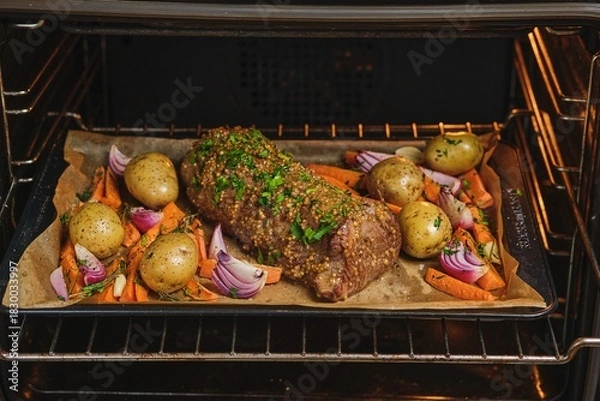 Fototapeta Roast beef on a baking sheet with carrots, onions, and potatoes, ready for baking in the oven. Cooking beef in the oven as a whole piece. Merry Christmas.