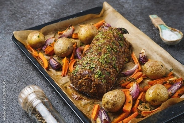 Fototapeta A roast beef loin on a baking sheet with carrots, onions, and potatoes. Cooking beef in the oven as a whole piece. Merry Christmas.