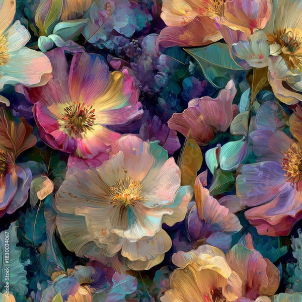 Fototapeta Expressive floral pattern in Fuchsia Pink, Aqua Blue, and Goldenrod Yellow, created with intricate digital brushstrokes, showcasing vibrant botanical beauty ideal for art prints and adobe photoshop te