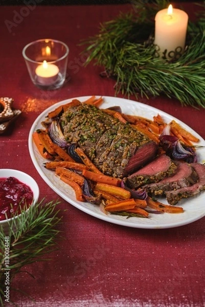 Fototapeta Cooked roast beef with carrots and onions on a white platter on a festive Christmas table setting. Merry Christmas! Beef dishes.
