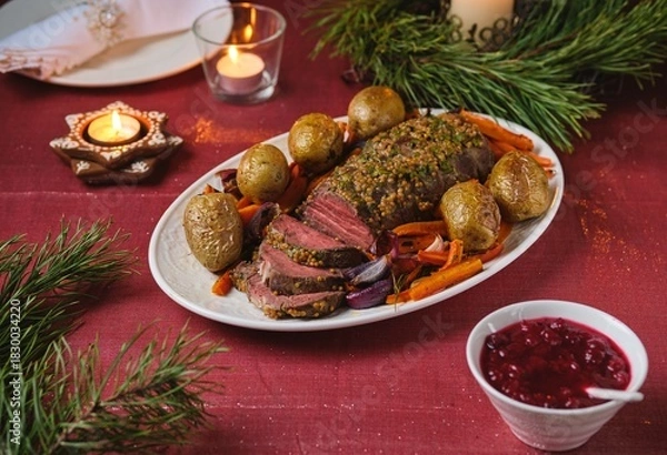 Fototapeta Cooked roast beef with carrots and onions on a white platter on a festive Christmas table setting. Merry Christmas! Beef dishes.