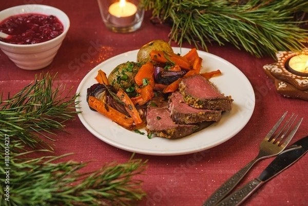 Fototapeta A serving of roast beef with potatoes, carrots, and onions on a white plate on a festive Christmas table setting. Merry Christmas! Beef dishes.