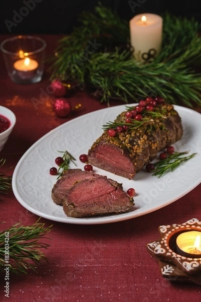Fototapeta Beef tenderloin rolls garnished with cranberries and rosemary on a white platter on a festive Christmas table setting. Served with cranberry sauce. Merry Christmas. Step-by-step recipes.
