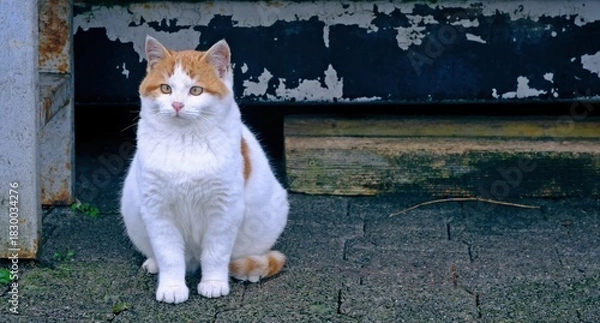 Fototapeta Cute kitten sitting outdoors and looking curious atway. Panoramic image with copy space. 