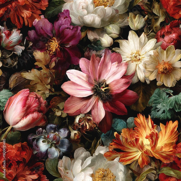 Fototapeta Opulent floral still life, reminiscent of classical paintings, featuring blooming Deep Red and Cream White tulips alongside a prominent Vivid Pink blossom, perfected for digital design in adobe photos