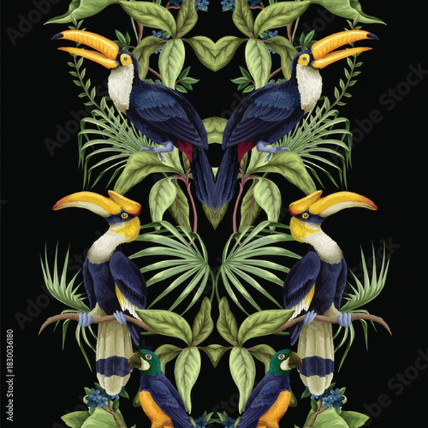 Fototapeta Tropic jungle birds vector seamless pattern with exotic parrots toucans leaves and branches