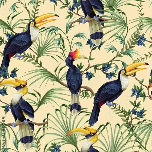 Obraz Tropic jungle birds vector seamless pattern with exotic parrots toucans leaves and branches
