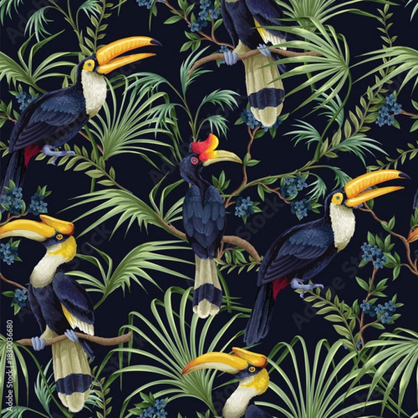 Fototapeta Tropic jungle birds vector seamless pattern with exotic parrots toucans leaves and branches