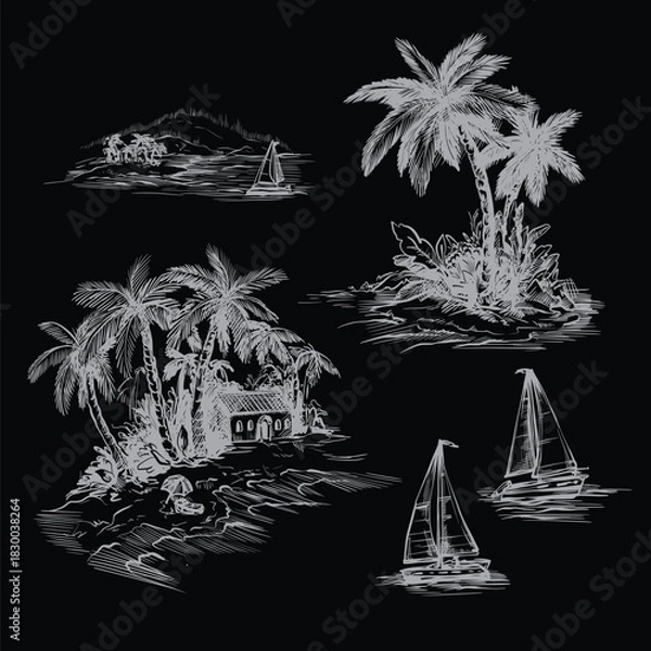 Fototapeta Tropic toile vector illustration set with palm islands boats coastal vintage hand drawn elements
