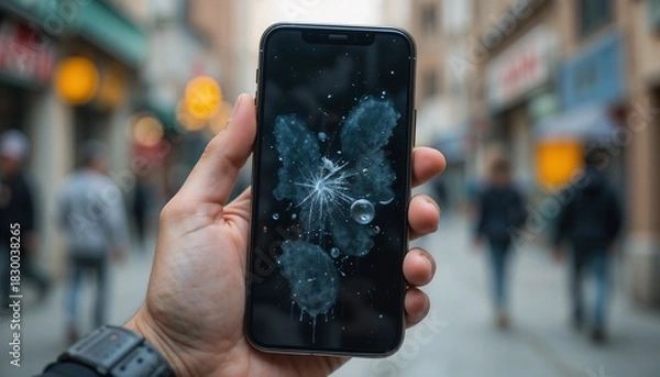 Fototapeta Hand holding a smartphone with greasy smudges on the screen