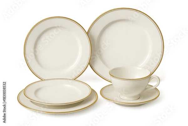 Fototapeta Elegant porcelain dinnerware set with gold rims isolated on a transparent background