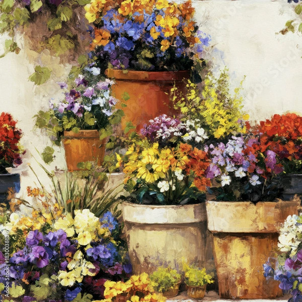 Fototapeta A digitally rendered oil painting of a charming European garden, showcasing an abundance of Sunny Yellow, Vibrant Orange, and Deep Lavender potted flowers, ideal for design projects requiring intricat