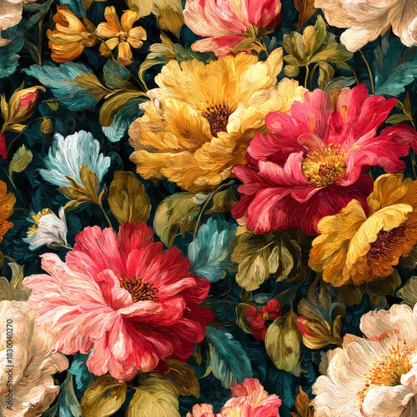 Fototapeta Opulent floral seamless pattern, masterfully created using Adobe Photoshop, features a rich tapestry of Fuchsia Pink, Golden Yellow, and Teal Green blossoms, evoking a luxurious and elegant botanical 