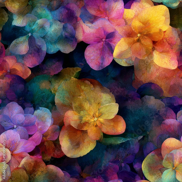 Fototapeta A stunning, vibrant floral pattern bursting with a rich blend of Fuchsia, Azure Blue, and Golden Yellow hues, perfect for abstract backgrounds and creative digital art projects in adobe photoshop.