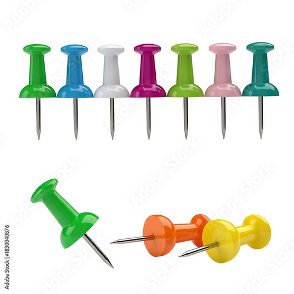 Obraz Collection of colorful pushpins and thumbtacks, useful office and craft supplies.