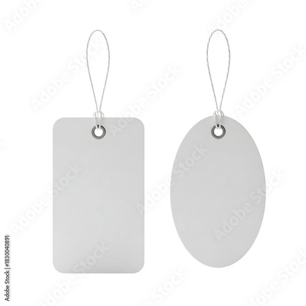 Obraz Two blank white rectangular and oval tags with strings for pricing and labeling