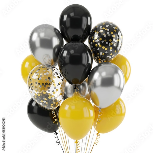 Obraz A festive bunch of metallic and confetti balloons in black, gold, and silver