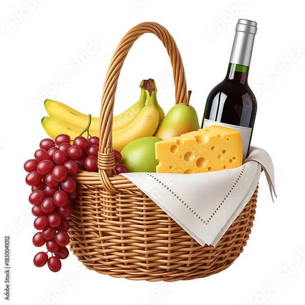 Obraz Wicker picnic basket filled with wine, cheese, fruits and snacks for outdoor fun