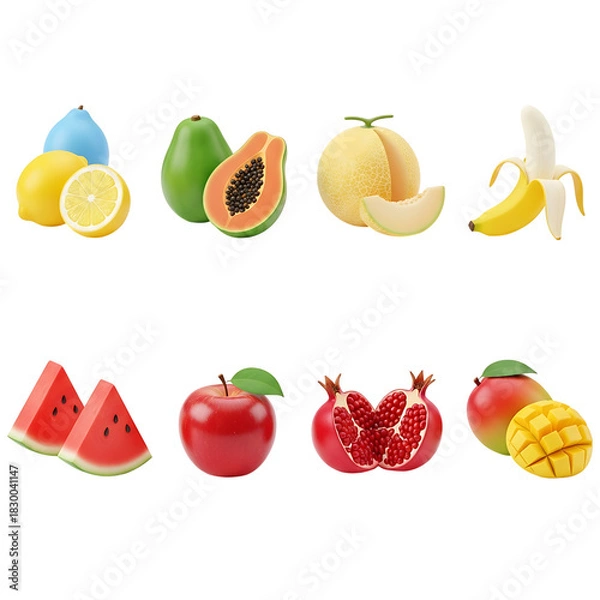 Obraz Selection of vibrant 3d fruits, including apple, banana, mango, and papaya