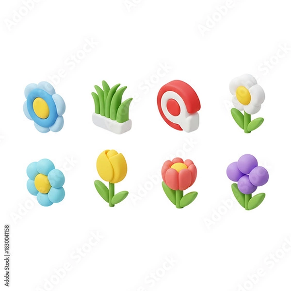 Obraz Cute 3d rendered garden elements, spring flowers, grass, and tools for designs