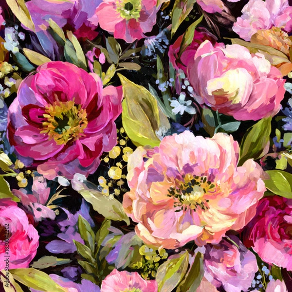 Fototapeta Adobe Photoshop Enhanced Artwork Showcases a Lush, Seamless Pattern of Vibrant Fuchsia and Pale Pink Peonies, Interspersed with Rich Olive Green Leaves, Creating a Romantic Botanical Fantasy.