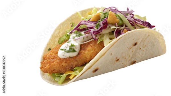 Obraz Delicious fish taco with fresh cabbage and cilantro, topped with creamy sauce, enjoy a flavorful bite of authentic cuisine, perfect for food lovers