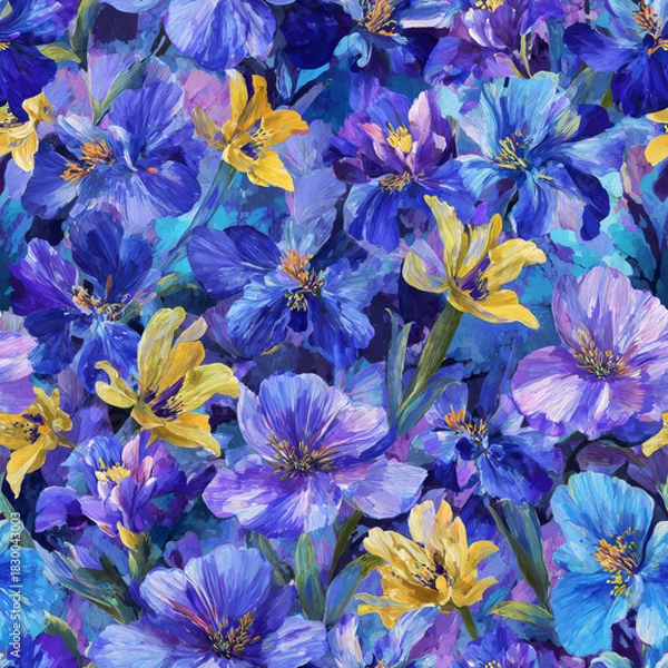 Fototapeta A vibrant seamless floral pattern featuring an artistic arrangement of Deep Blue, Electric Blue, and Goldenrod Yellow blossoms, expertly rendered with painterly brushstrokes perfect for use in adobe p