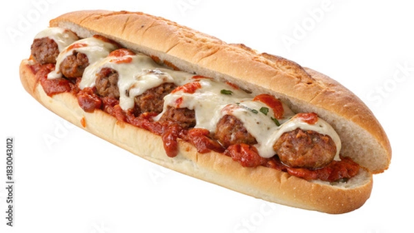 Obraz Delicious meatball sub tantalizes with melted cheese and rich tomato sauce, perfect for food blogs or restaurant menus, showcasing comfort food classics.