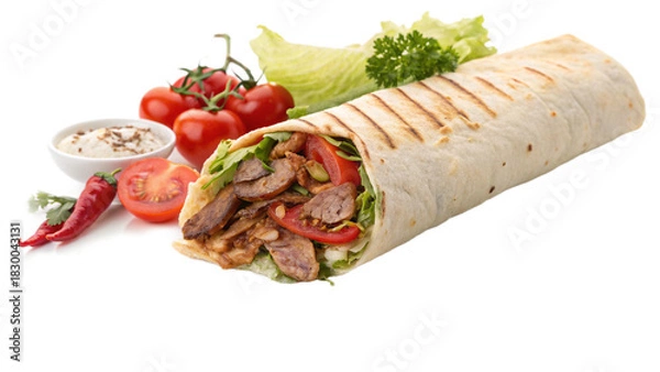 Obraz Delicious gyro wrap filled with fresh vegetables and meat, served with a creamy sauce and vibrant tomatoes for a satisfying meal experience now