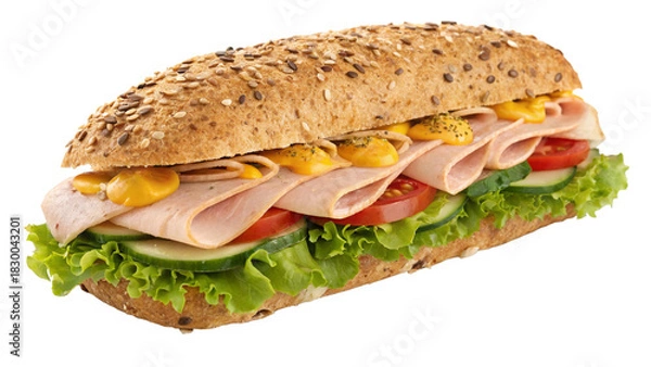 Obraz Delicious turkey sub sandwich overflowing with fresh lettuce, sliced tomatoes, cucumbers, and tangy mustard on multigrain bread for a healthy lunch option