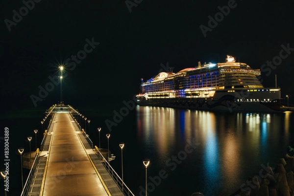 Fototapeta Luxury Cruise Ship and Modern Pier at Tallinn Terminal Night