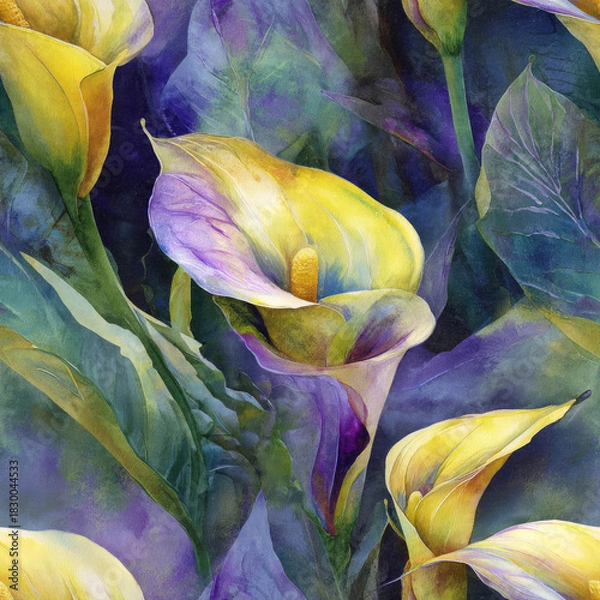 Fototapeta Vibrant calla lilies bloom with delicate Golden Yellow and Lavender Purple petals, intertwined with lush Emerald Green foliage, creating a serene botanical watercolor ideal for enhancing design projec