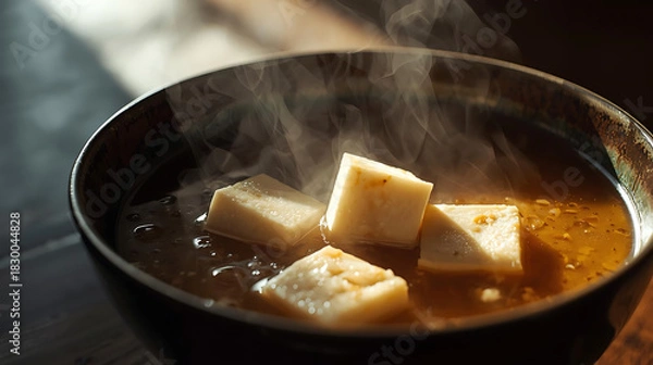 Fototapeta Steaming miso soup with tofu, comfort food bowl