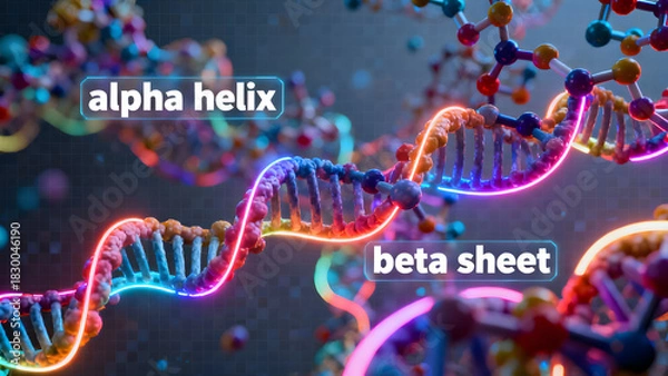 Fototapeta Colorful DNA strands with labeled alpha helix and beta sheet structures