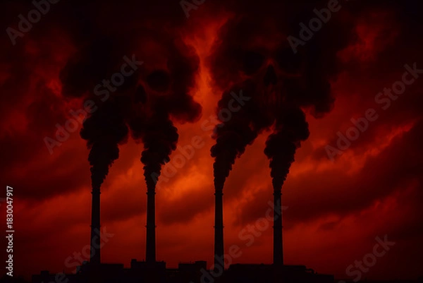 Obraz Factory chimneys emitting dark smoke that forms giant skulls in red sky, horror themed climate change and toxic pollution warning illustration
