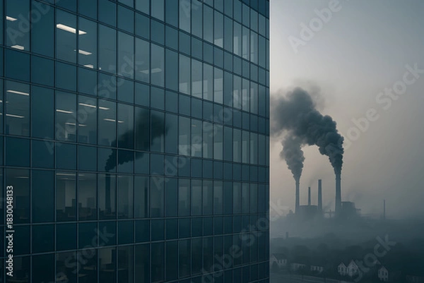 Obraz Modern glass office building reflecting nearby smoking power plant, concept of corporate responsibility, emissions reporting and business impact on climate
